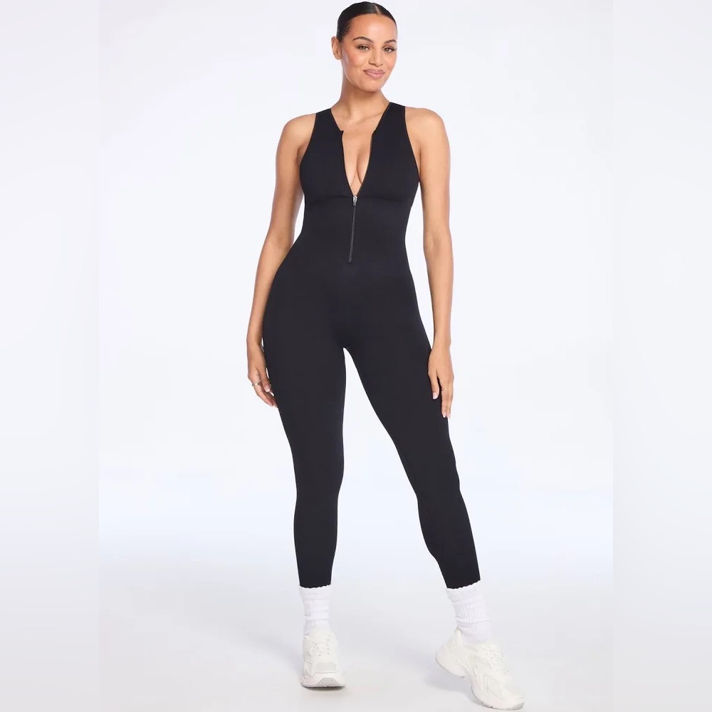 Shes's Waisted Snatched Knit Front Zip Jumpsuit